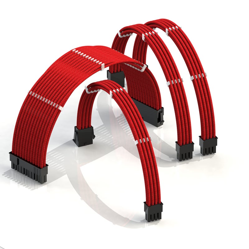LINKUP - AVA 50cm PSU Cable Extension Sleeved Custom Mod GPU PC Braided w/Comb Kit | 1 x 24 P (20+4) | 1 x 8 P (4+4) CPU | 2 x 8 P (6+2) GPU Set | 500mm - Red - Image 1